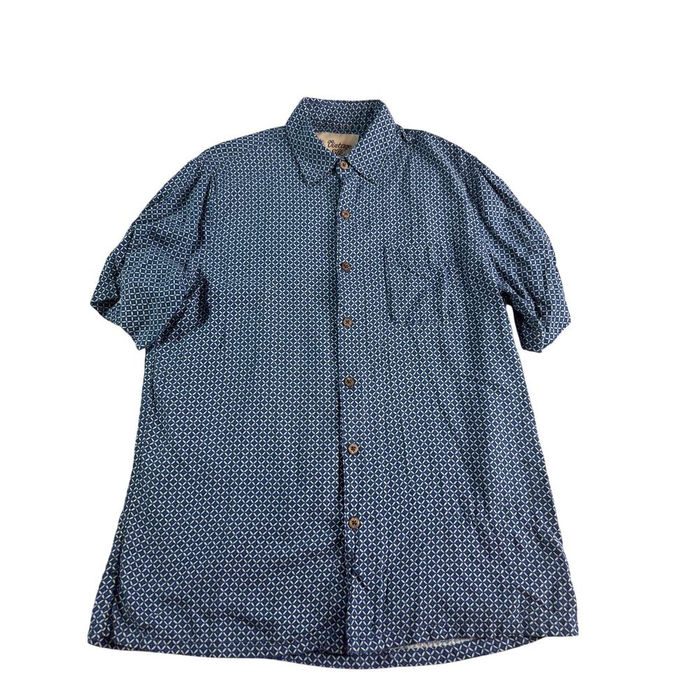 Vintage Silk Circa 1969 Blue Geometric Silk Rayon Shirt Men's Medium Camp Casual